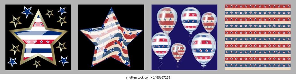 American patriotic stars and stripes pattern in bright red, blue and white. Independence day vector background.