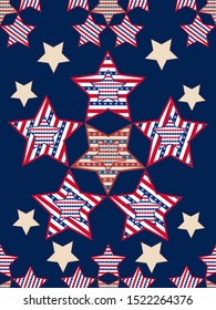 American patriotic stars and stripes pattern. Holiday graphic design. USA Independence Day or Presidents Day star pattern in American flag colors.