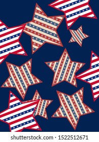 American patriotic stars and stripes pattern. Holiday graphic design. USA Independence Day or Presidents Day star pattern in American flag colors.