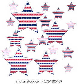 American patriotic stars and stripes pattern in bright red, blue and white. Independence day vector background.