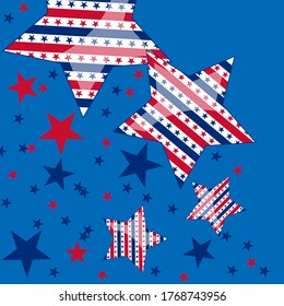 American patriotic stars and stripes pattern in bright red, blue and white. Independence day vector background.