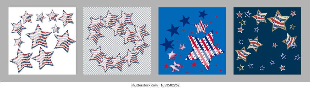 American patriotic stars and stripes pattern in bright red, blue and white. Independence day vector background.