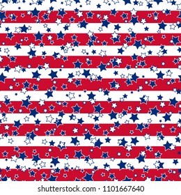 American patriotic stars and stripes seamless pattern in bright red, blue and white. Independence day vector background.
