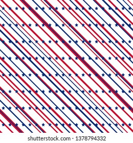 American patriotic stars and stripes seamless pattern in bright red, blue and white. Independence day vector background.