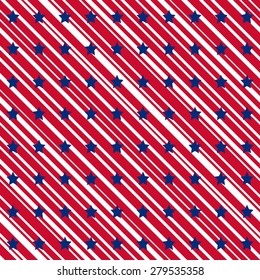 American patriotic stars and stripes seamless pattern in bright red, blue and white.