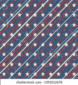 American patriotic stars and stripes textured seamless pattern in vintage colors. Independence day vector background.