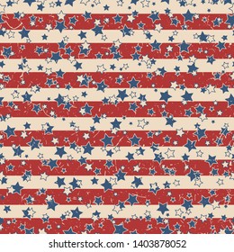 American patriotic stars and stripes textured seamless pattern in vintage colors. Independence day vector background.