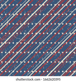 American patriotic stars and stripes textured seamless pattern in vintage colors. Independence day vector background.