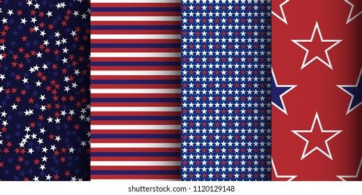 American patriotic striped and starry seamless patterns set. Fabric, wrapping and apparel background. Stock vector