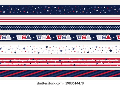 American patriotic symbol washi tape, decorative border for product packaging or flyer Independence day decoration with stars and stripes, USA letters in red, blue, navy and white colours. 