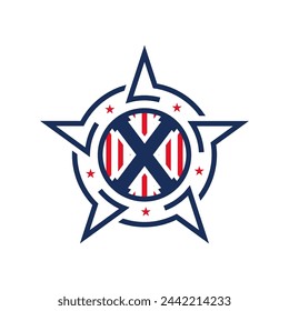 American Patriotic X Logo with Star and Flag. Letter X Patriotic Logo Design