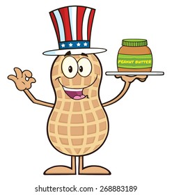 American Peanut Cartoon Character Holding A Jar Of Peanut Butter. Vector Illustration Isolated On White