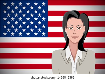 American people,  ahead of the flag. Portrait of manager in flat design. Vector cartoon