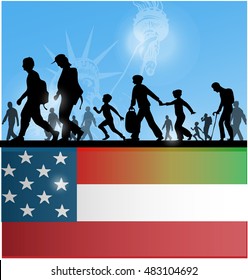 american people immigration background with flag 