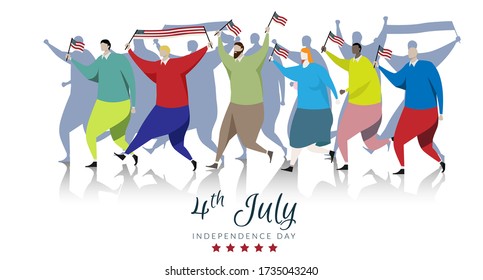 American people participants carrying the America flag waved while Fourth of July parade. vector background banner for independence day celebration isolated on white background