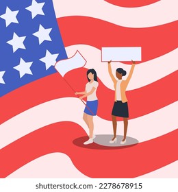 Amerikaner protestieren gegen Vektorgrafik. Frauen mit Bannern und Blankozeichen bei friedlichem Protest auf der Flagge der USA. Amerika, Menschenrechte, Protest, Aktivismus-Konzept