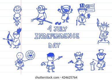 American people set. Doodle background on the independence day theme. Vector Illustration on striped paper.