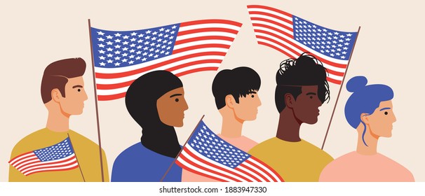 American People With USA Flag, Banner. Flat Vector Stock Illustration. The Concept Of Protest, Multicultural Society. Young Adult Americans With United States Or Usa Flag