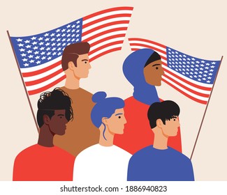 American people, usa flag. Flat vector stock illustration. Toppa of Americans patriots with flag. American citizens, African American. National flag of the united states of america