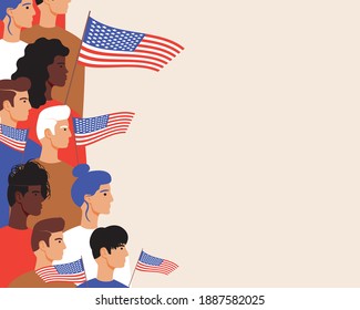 American people, usa flag. Flat vector stock illustration. Template with copy space. Protest or patriots. United states of america flag, people, place for text. Americans with the flag