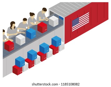 American people working on production line. People working in a factory on conveyor belt. Made in USA. Vector illustration.