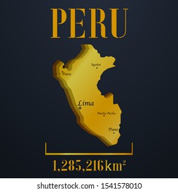 American Peru, Lima golden 3d solid country outline silhouette, realistic piece of world map template, for infographic, vector illustration, isolated object, background. From countries set