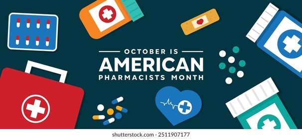 Mes de los Farmacéuticos Americanos. Medicamentos, latidos del corazón y más. Ideal para tarjetas, Anuncios, carteles, redes sociales y más. Fondo oscuro.