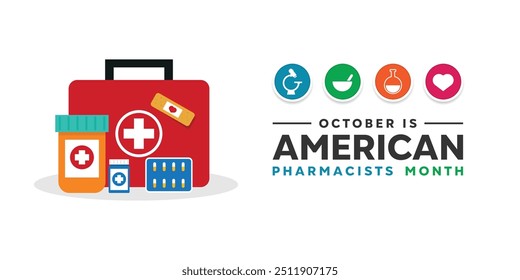 American Pharmacists Mês. Medicamentos, microscópios e muito mais. Ótimo para cartões, banners, cartazes, mídias sociais e muito mais. Fundo branco.