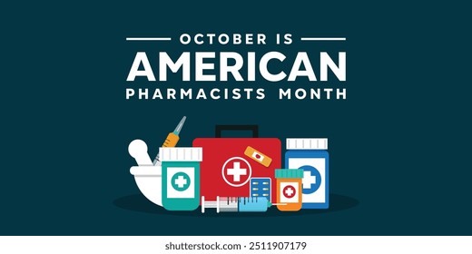 Mes de los Farmacéuticos Americanos. Medicamentos, jeringas y más. Ideal para tarjetas, Anuncios, carteles, redes sociales y más. Fondo oscuro.