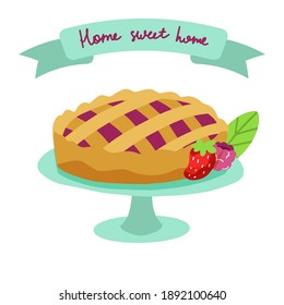 American pie with berries on a tray. Strawberries and raspberries. Inscription "home sweet home" Vector illustration