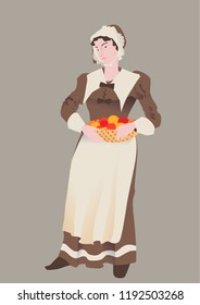 The American  pilgrim, vector illustration by Thanksgiving Day. Woman the pilgrim in a traditional suit with basket of fruit. Isolated object.