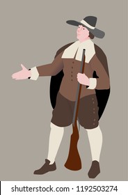 The American  pilgrim, vector illustration by Thanksgiving Day. The man in a traditional suit and  gun delays  hand for handshake . Isolated object.