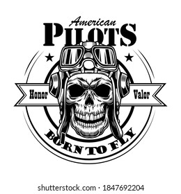 American Pilot Schädel Vektorgrafik. Leiter des Skeletts in Hut und Glöckchen mit Ehrenwert und geboren, um Text zu fliegen. Militär- oder Armeekonzept für Embleme oder Tätowierungen