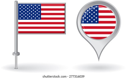 American pin icon and map pointer flag. Vector