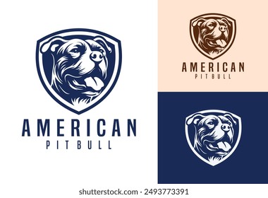 American Pit Bull Dog Logo mit Schild Design Vektorillustration