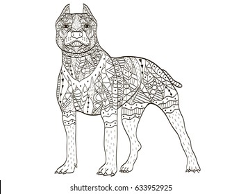 American Pit Bull Terrier animal coloring book for adults vector illustration. Anti-stress coloring for adult. Zentangle style dog breed. Black and white lines. Lace pattern