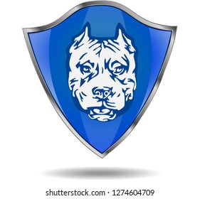American Pitbull Terrier dog - isolated vector illustration. Head of a fighting dog against a background of a shield. Symbol for security systems. Flat design, vector illustration, vector.