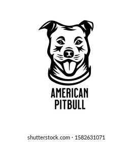 American pitbull terrier head drawing. Dog portrait monochrome vector illustration.