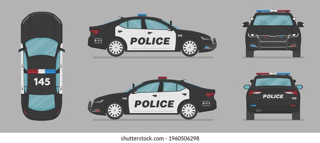 American police car. Side view, front view, back view, top view. Cartoon flat illustration, auto for graphic and web