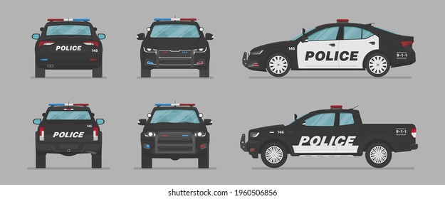 American police car. Side view, front view, back view. Cartoon flat illustration, auto for graphic and web