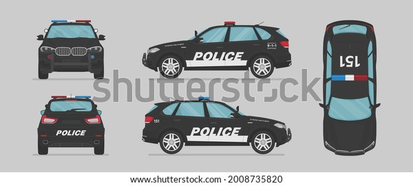 American\
police car. Side view, front view, back view, top view. Cartoon\
flat illustration, auto for graphic and\
web