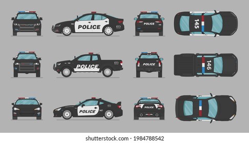 Amerikanische Polizeiautos. Seitenansicht, Draufsicht, Rückansicht, Draufsicht. Cartoon-Flach-Illustration, Auto für Grafik und Web