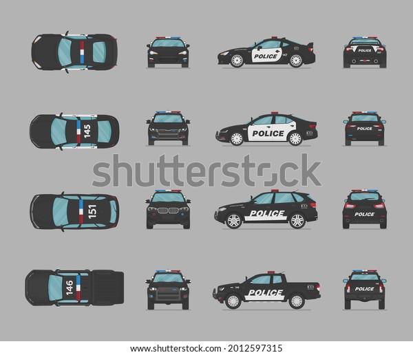 American\
police cars. Side view, front view, back view, top view. Cartoon\
flat illustration, auto for graphic and\
web