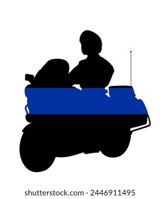 American police fallen officers flag over traffic policeman officer on motorcycle on duty vector silhouette illustration isolated. Police man security service member. Law and order street patrol cop.