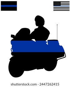 American police fallen officers flag over traffic policeman officer on motorcycle on duty vector silhouette illustration isolated. Police man security service member. Law and order street patrol cop.