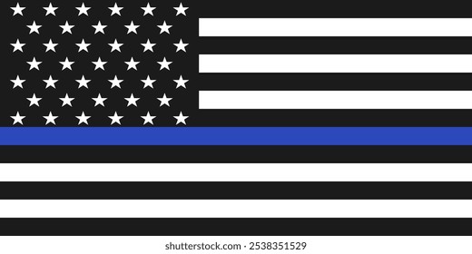 American police flag. Blue line to honor police and law United States flag vector illustration.