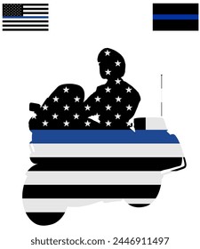 American police flag over traffic policeman officer on motorcycle on duty vector silhouette illustration isolated. Police man on road. Security service member. Law and order street patrol cop.