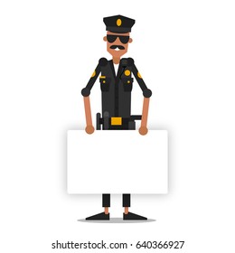 American policeman with a blank notice board. Vector illustration isolated on white background.