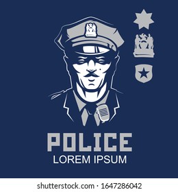 American policeman of police officer security guard with stars and stripes flag set inside shield. Vector illustration.