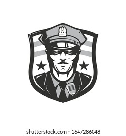 American policeman of police officer security guard with stars and stripes flag set inside shield. Vector illustration.